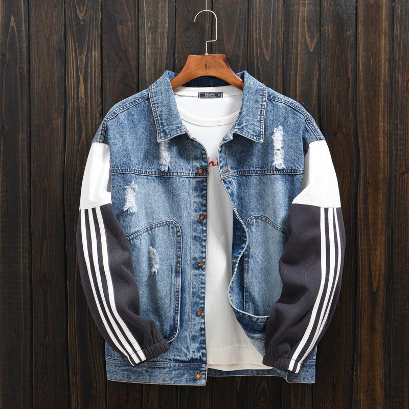 Men Loose Stitching Casual Long-Sleeved Lapel Denim Jacket - melvincucci