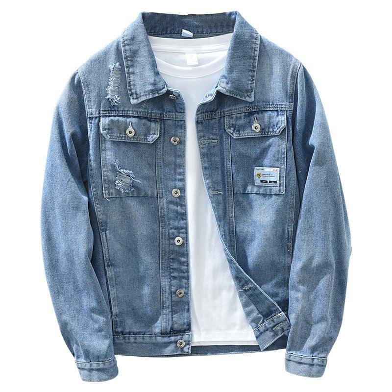Men Multi-Pocket Long-Sleeved Lapel Tooling Ripped Denim Jacket - melvincucci