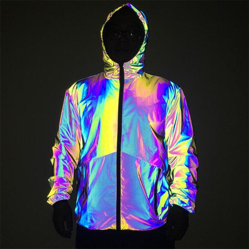 Men Reflective Hooded Jacket Casual Night Colorful Windbreaker Man Hip-hop Coats - melvincucci