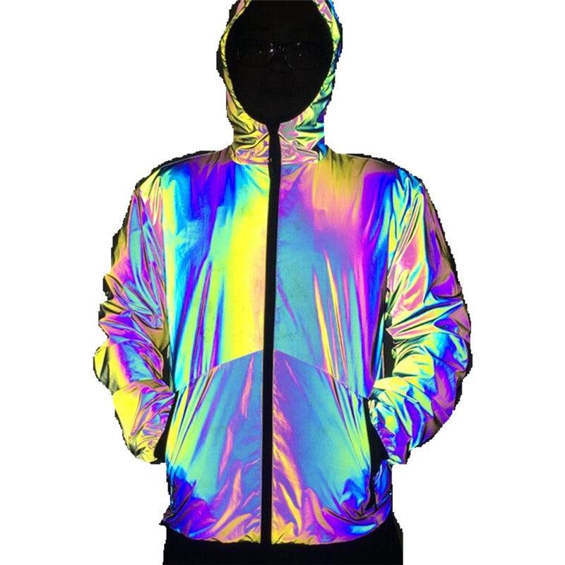 Men Reflective Hooded Jacket Casual Night Colorful Windbreaker Man Hip-hop Coats - melvincucci