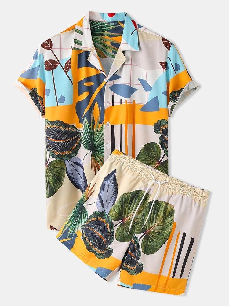 Men's Casual Loose Beachwear Leaf Print Short Sleeve Suit - melvincucci
