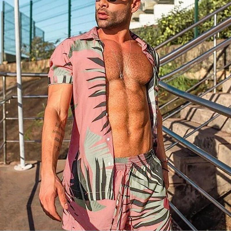 Men's Casual Loose Beachwear Three-color Printed Short-sleeved Suit - melvincucci