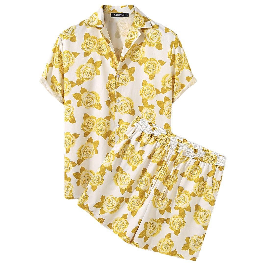 Men's Casual Loose Beachwear Three-color Printed Short-sleeved Suit - melvincucci