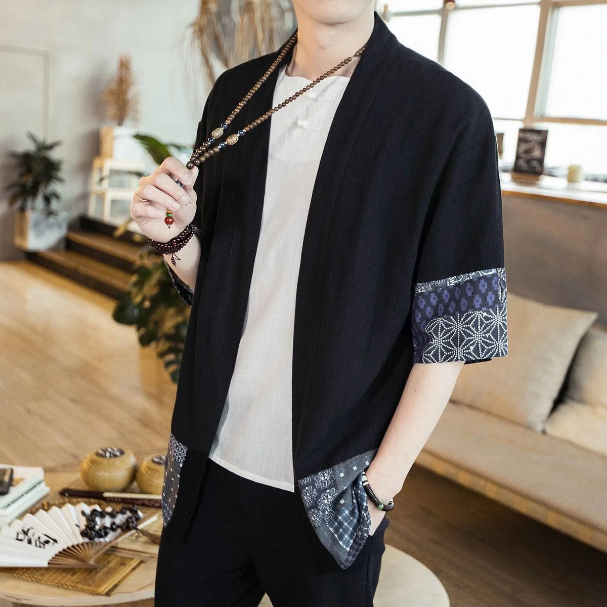Men's cotton linen cardigan jacket cloak shirt - melvincucci