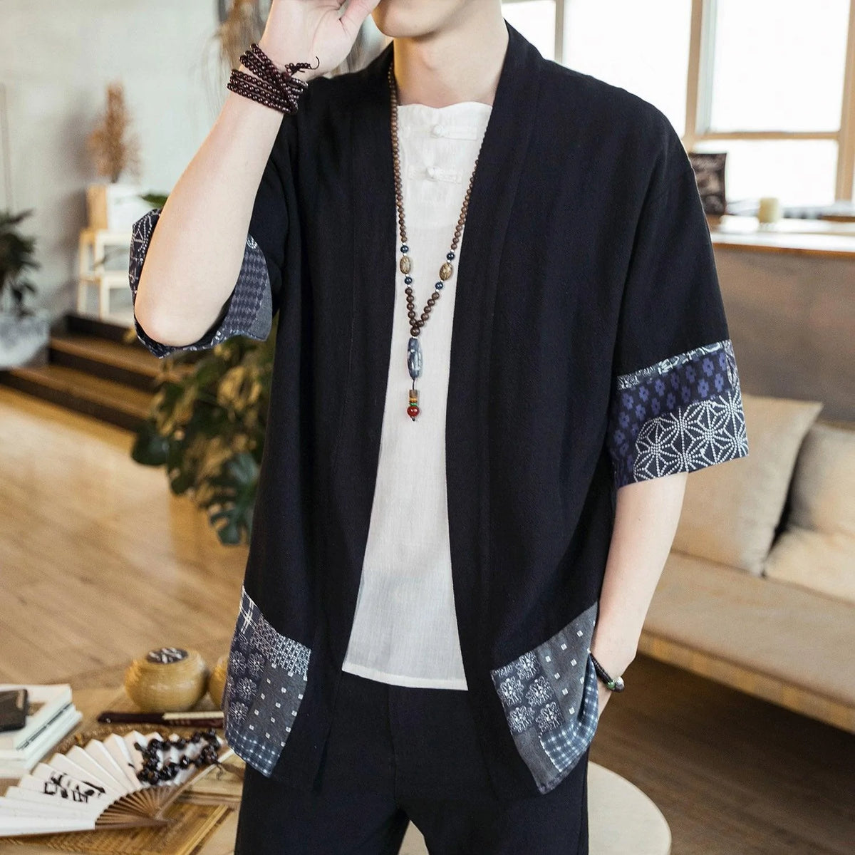 Men's cotton linen cardigan jacket cloak shirt - melvincucci
