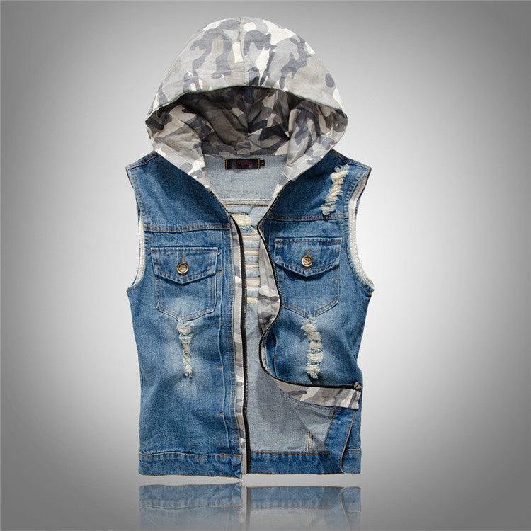 Men's ripped denim vest hooded denim vest - melvincucci