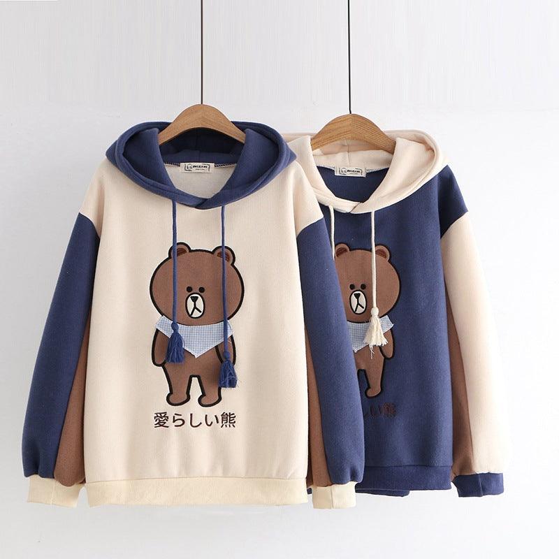 Merry Pretty Women Harajuku Cartoon Bear Embroidery Hooded Sweatshirts Winter Plus Velvet Cute Hoodies Sweatshirt Tracksuit - melvincucci