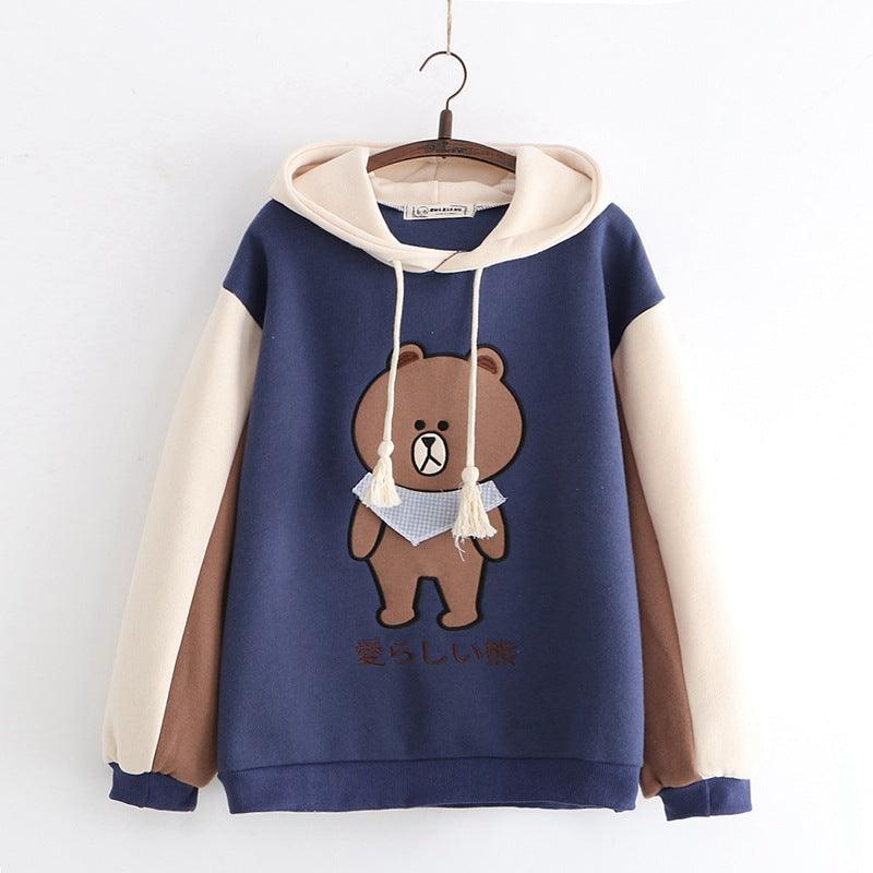 Merry Pretty Women Harajuku Cartoon Bear Embroidery Hooded Sweatshirts Winter Plus Velvet Cute Hoodies Sweatshirt Tracksuit - melvincucci