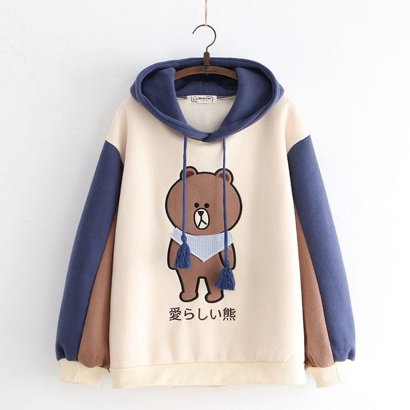 Merry Pretty Women Harajuku Cartoon Bear Embroidery Hooded Sweatshirts Winter Plus Velvet Cute Hoodies Sweatshirt Tracksuit - melvincucci