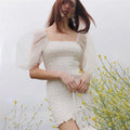 Mesh square collar wooden ear bag hip dress - melvincucci