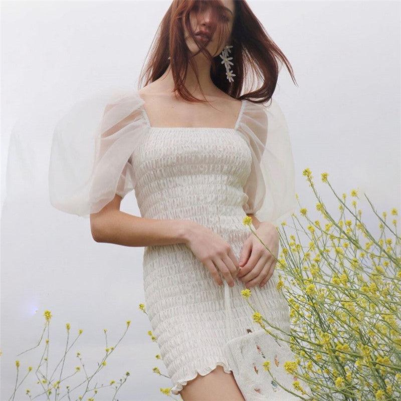 Mesh square collar wooden ear bag hip dress - melvincucci