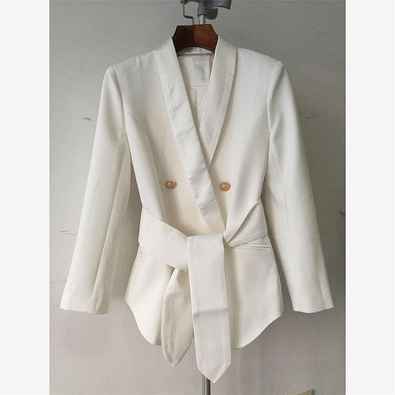 Metal Double-breasted Blazer With Green Collar and Belt - melvincucci