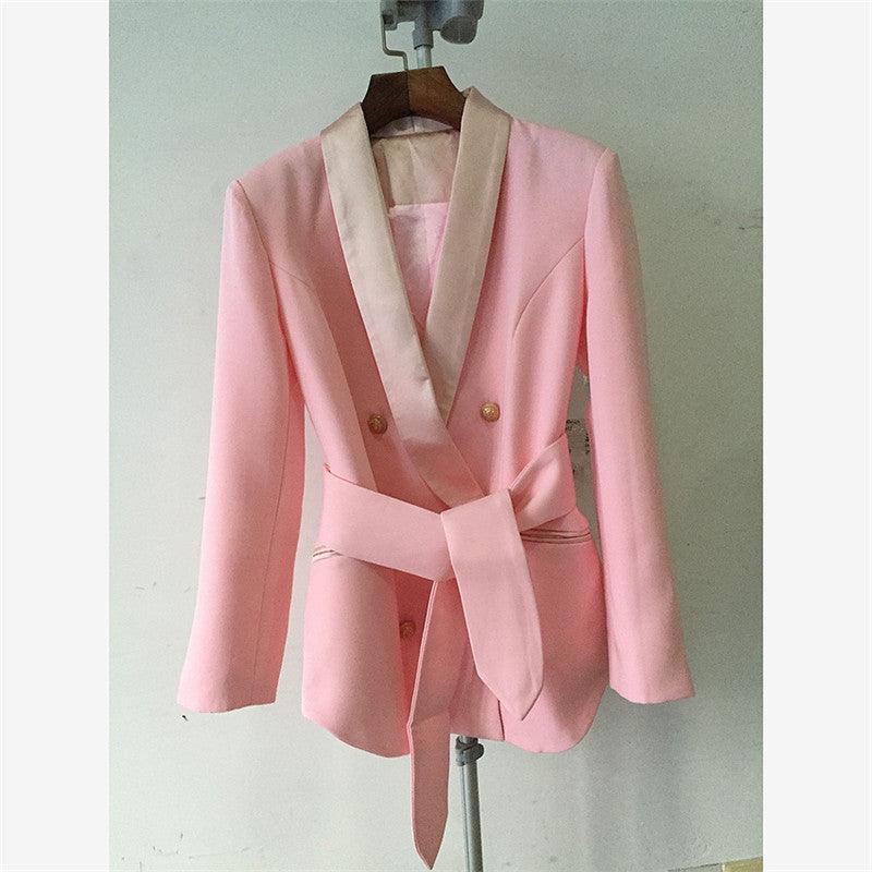 Metal Double-breasted Blazer With Green Collar and Belt - melvincucci