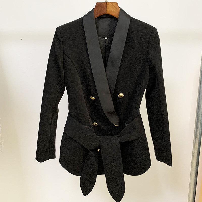 Metal Double-breasted Blazer With Green Collar and Belt - melvincucci