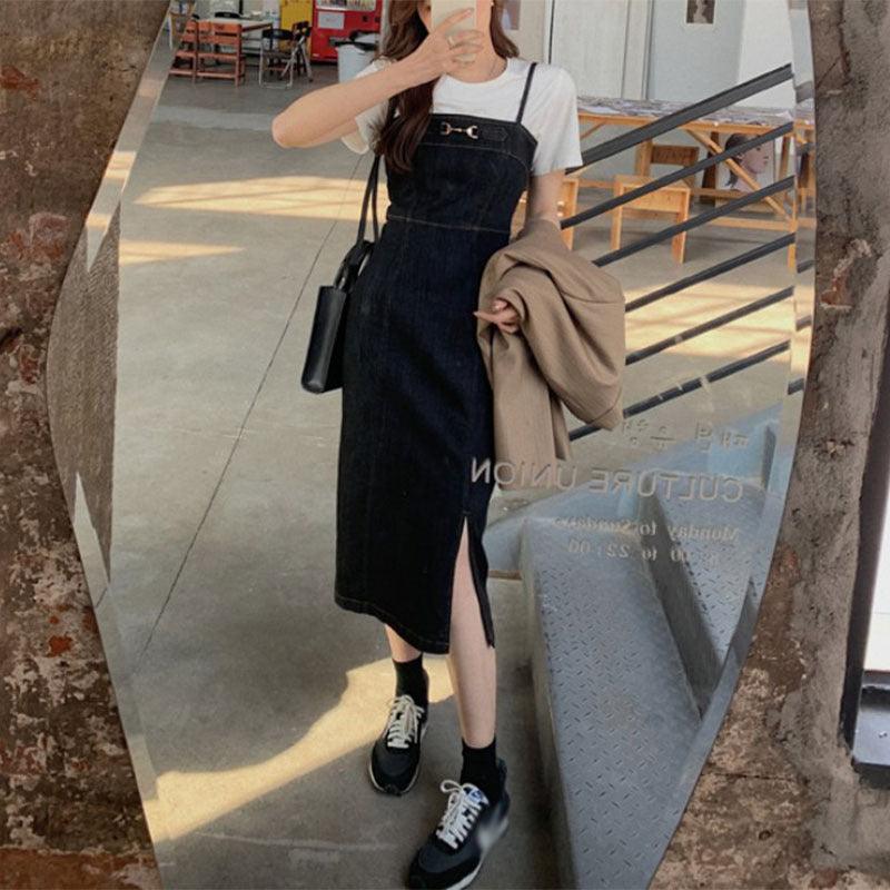 Mid-length Waist Slimming Denim Suspender Skirt Split Sling Dress Women - melvincucci