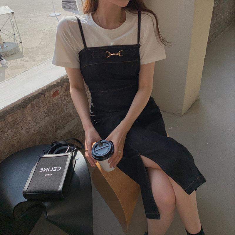 Mid-length Waist Slimming Denim Suspender Skirt Split Sling Dress Women - melvincucci
