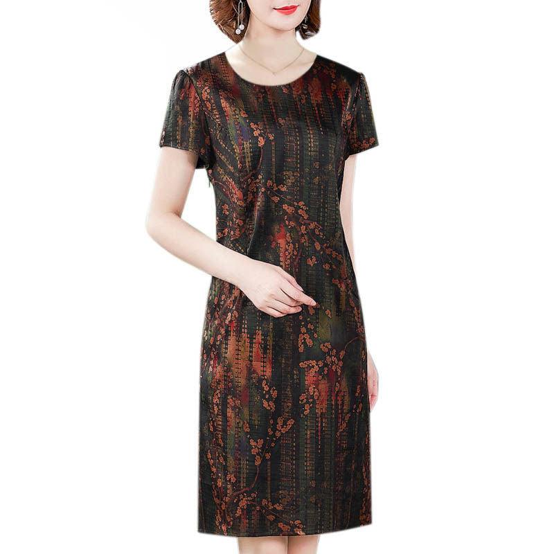 Middle-aged And Elderly Ice Silk Print Dress Fashion Casual - melvincucci