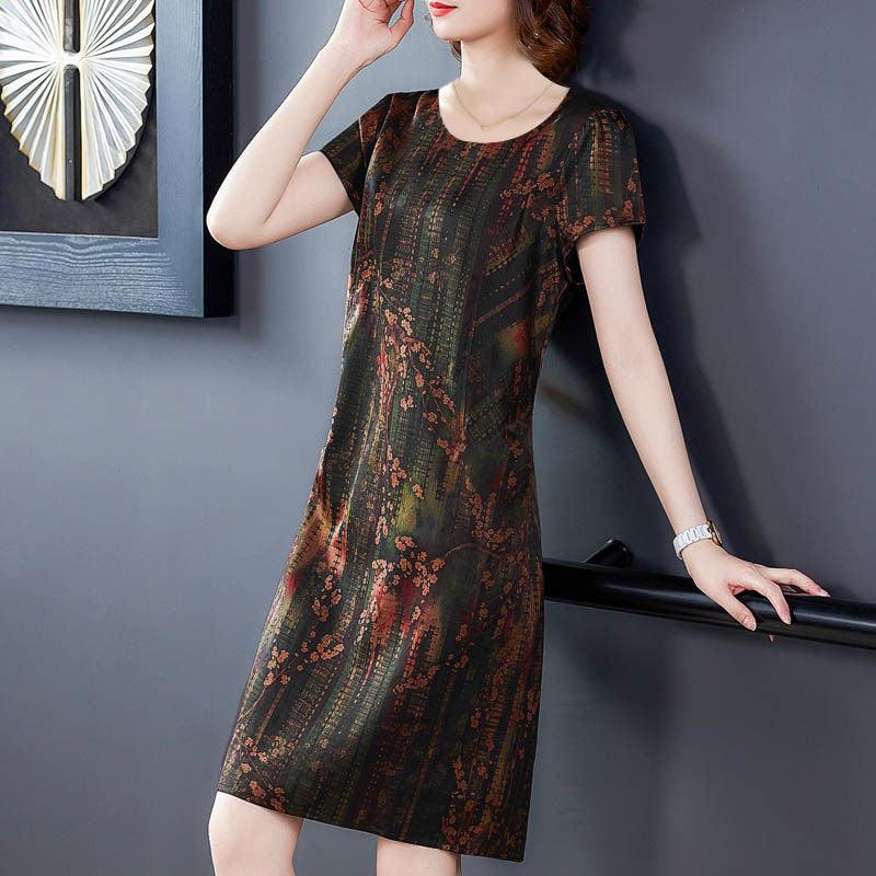 Middle-aged And Elderly Ice Silk Print Dress Fashion Casual - melvincucci
