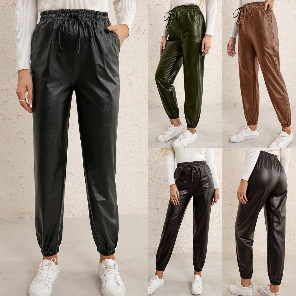 Motorcycle Leather Versatile Elastic Waist PU Leather Leather Pants Women - melvincucci