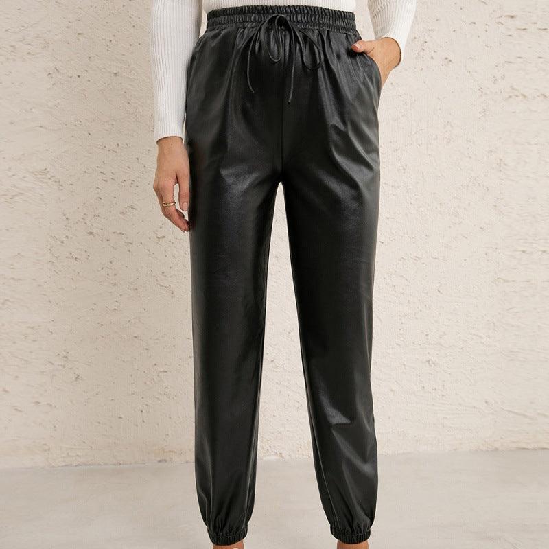 Motorcycle Leather Versatile Elastic Waist PU Leather Leather Pants Women - melvincucci