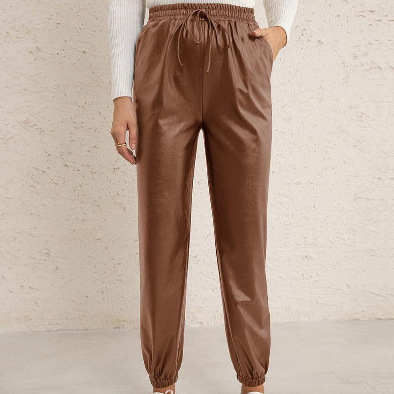 Motorcycle Leather Versatile Elastic Waist PU Leather Leather Pants Women - melvincucci