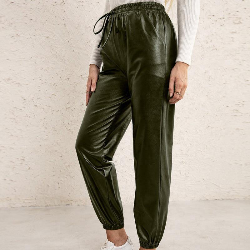 Motorcycle Leather Versatile Elastic Waist PU Leather Leather Pants Women - melvincucci