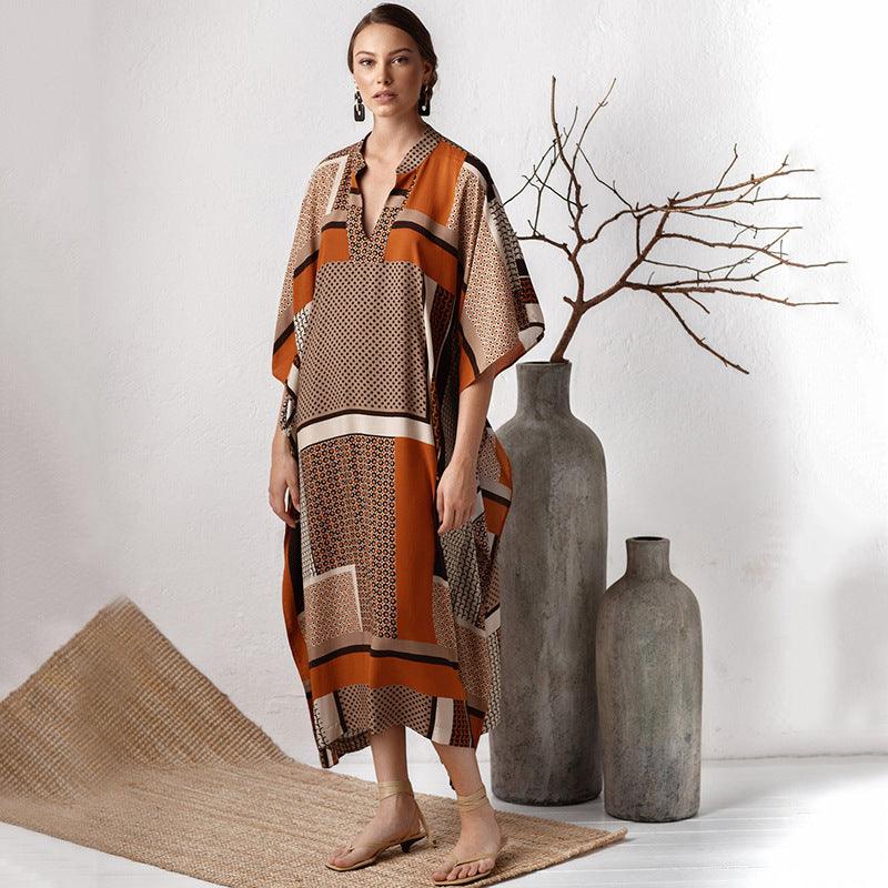 New Brown Flower Block Loose Sunscreen Dress - melvincucci