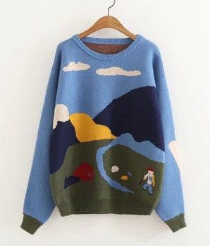 New field wind illustrations double knit knitwear sweater - melvincucci
