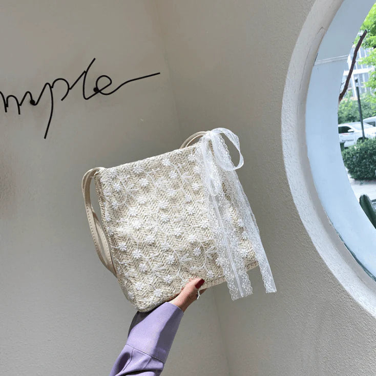 New Korean Straw Lace Shoulder Bag Handbag Large Capacity Bucket Shopping Bag - melvincucci