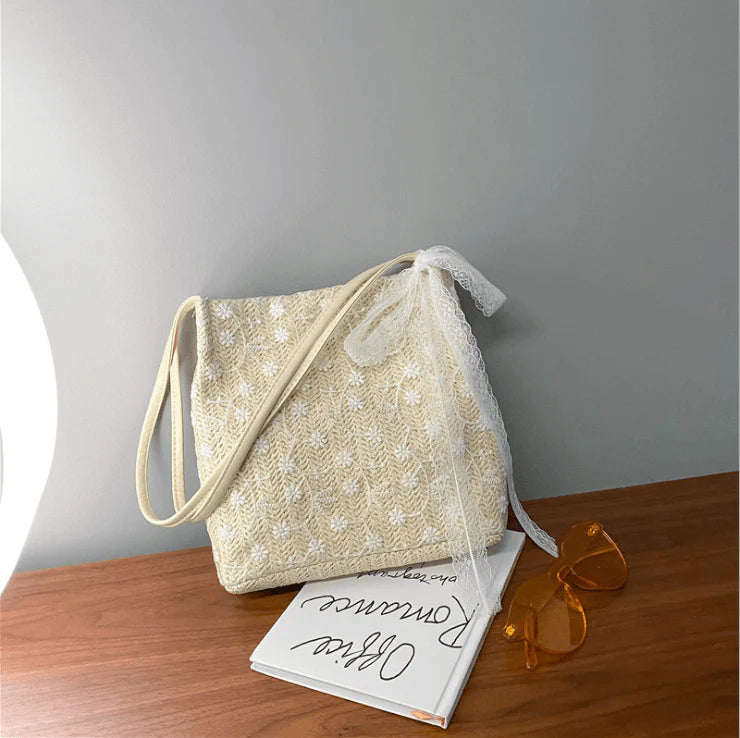 New Korean Straw Lace Shoulder Bag Handbag Large Capacity Bucket Shopping Bag - melvincucci