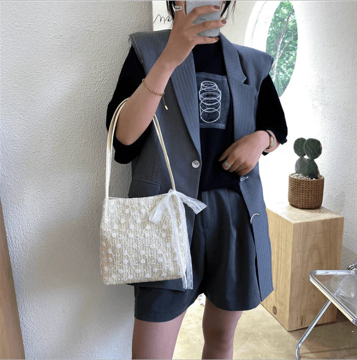 New Korean Straw Lace Shoulder Bag Handbag Large Capacity Bucket Shopping Bag - melvincucci