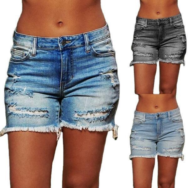 New Style Ripped Fringed High Stretch Denim Shorts Women - melvincucci