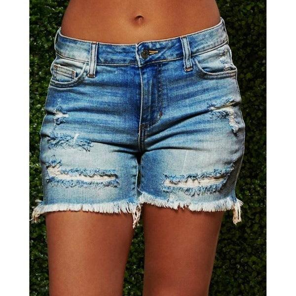 New Style Ripped Fringed High Stretch Denim Shorts Women - melvincucci