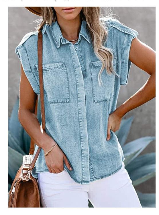 New Style Sleeveless Denim Shirt Straight Pocket Loose Blouse Women - melvincucci