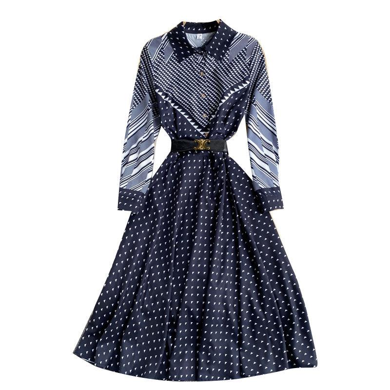 Niche Color-Blocking Striped Print Slim Mid-Length Retro Dress - melvincucci