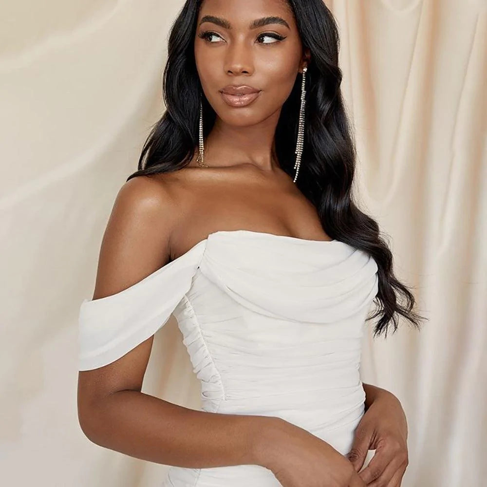 Off Shoulder Pleated White Long Dress Women Strapl - melvincucci