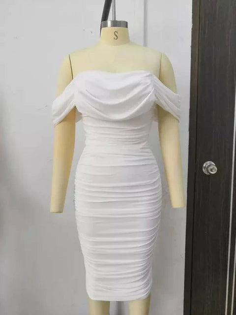 Off Shoulder Pleated White Long Dress Women Strapl - melvincucci