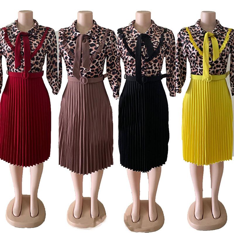 OL commuter African plus size mother dress leopard print stitching tie pleated dress - melvincucci