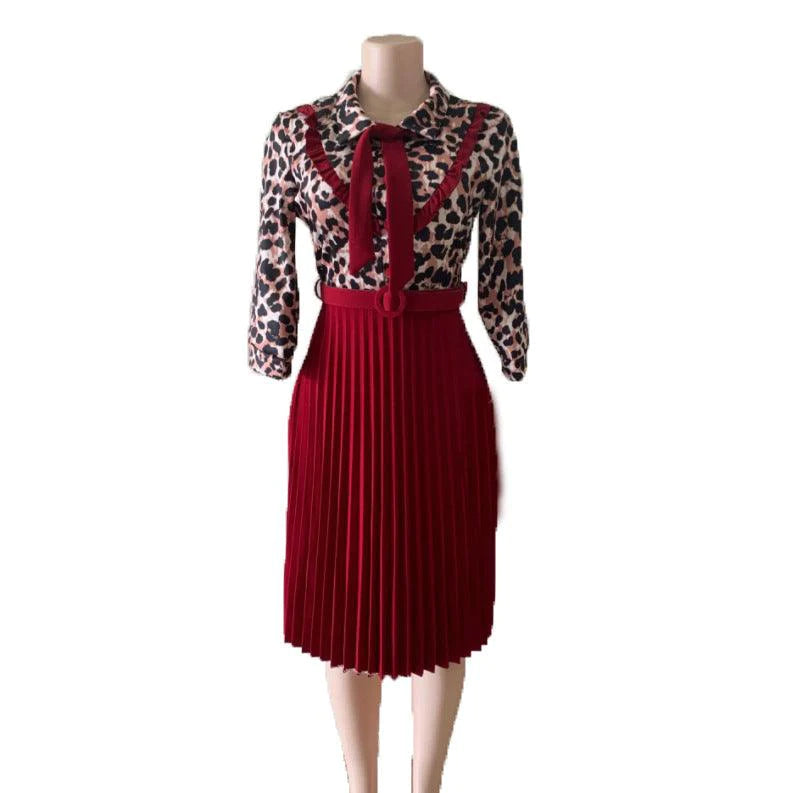 OL commuter African plus size mother dress leopard print stitching tie pleated dress - melvincucci