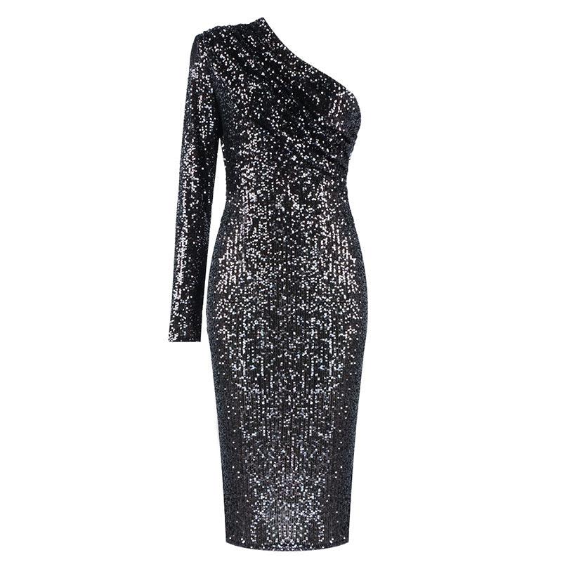 One-shoulder Dress Oblique Collar Wrapped Chest Evening Dress Fashion Sequins Nightclub Sexy - melvincucci