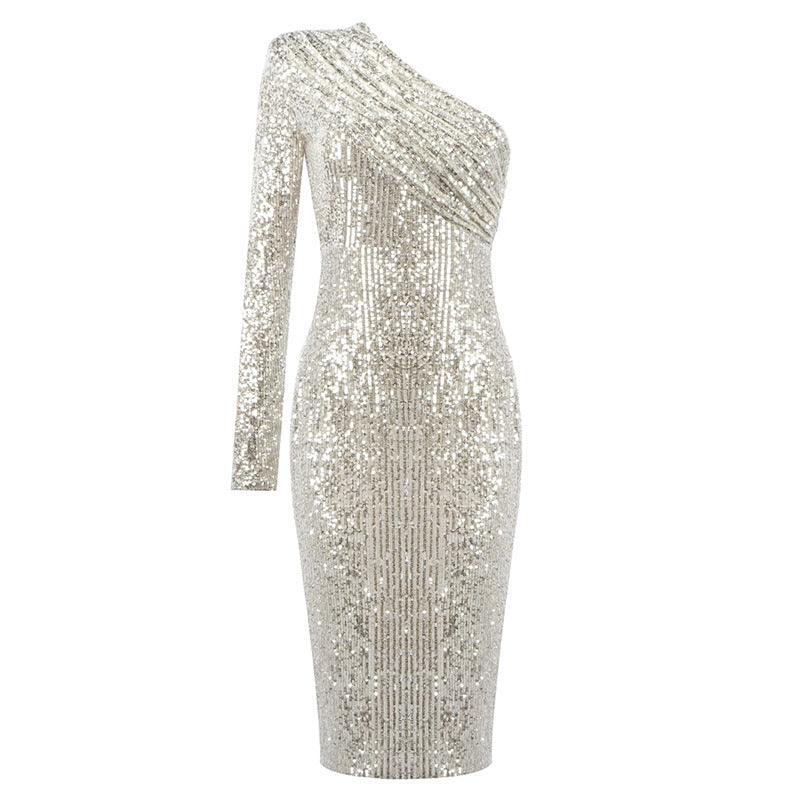 One-shoulder Dress Oblique Collar Wrapped Chest Evening Dress Fashion Sequins Nightclub Sexy - melvincucci