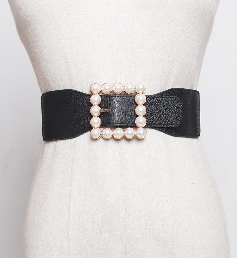 Pearl buckle black wide waist women - melvincucci