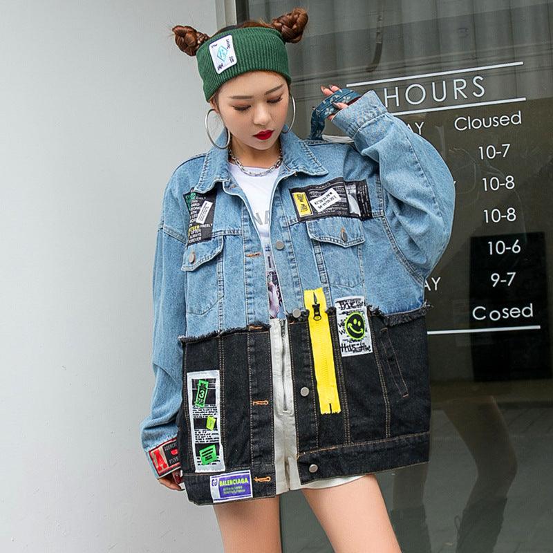 Personality Stitching Graffiti Patch Denim Loose Jacket Women - melvincucci