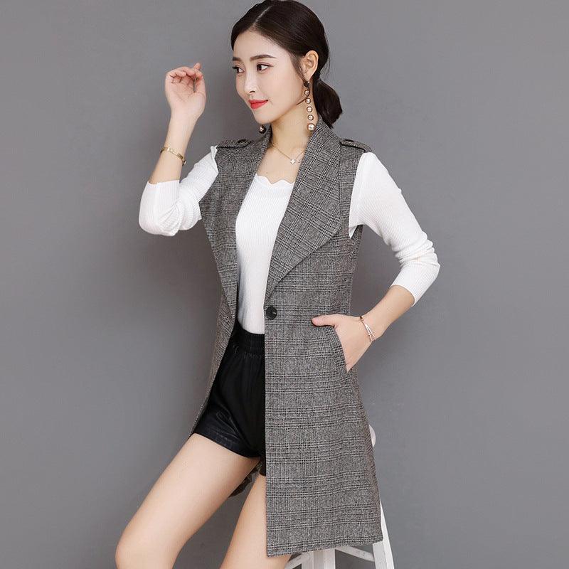 Plaid Long Blazer Vest Women Sleeveless Jacket - melvincucci