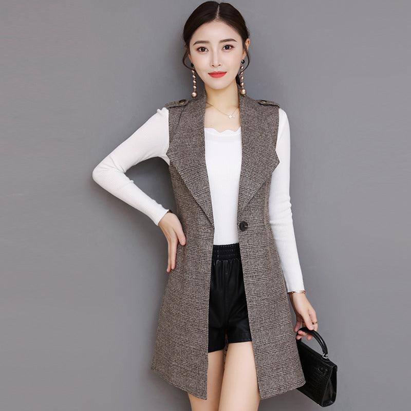 Plaid Long Blazer Vest Women Sleeveless Jacket - melvincucci