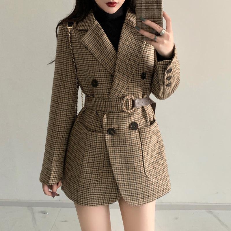 Plaid small suit lace-up woolen jacket - melvincucci