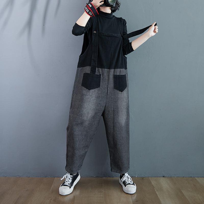 Plaid Stitching Plus Size Casual Wide-leg Denim Overalls Women - melvincucci