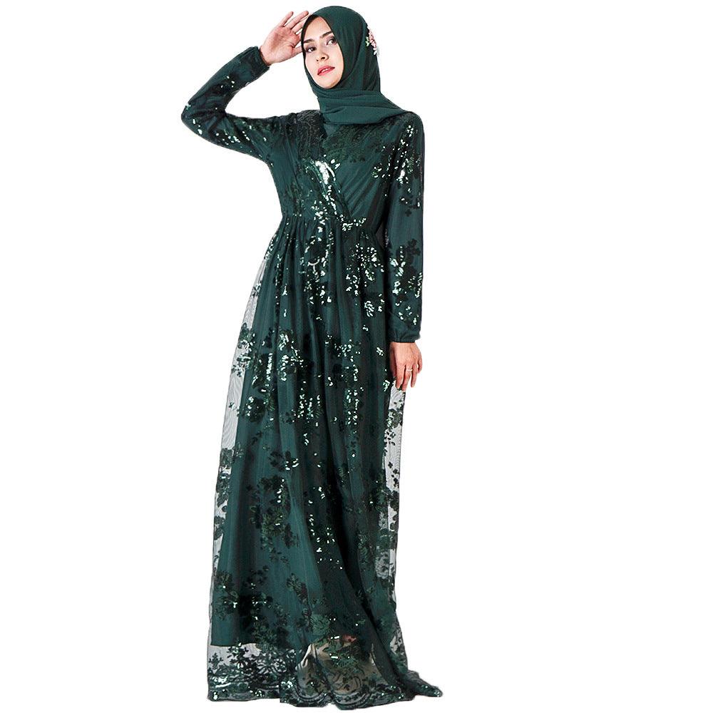 Plus Size Muslim Fashion Lace Sequin Abaya Dubai Dress For Women Turkey Robe Evening Maxi Dresses Islam Clothing Vestidos Largos - melvincucci