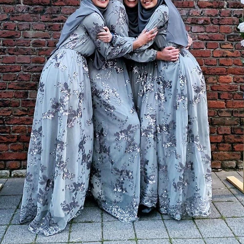 Plus Size Muslim Fashion Lace Sequin Abaya Dubai Dress For Women Turkey Robe Evening Maxi Dresses Islam Clothing Vestidos Largos - melvincucci