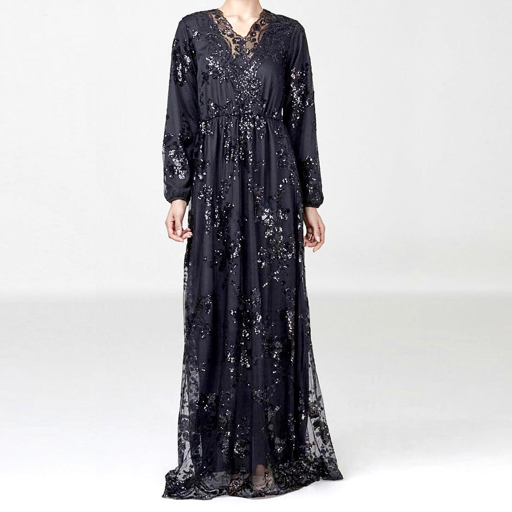 Plus Size Muslim Fashion Lace Sequin Abaya Dubai Dress For Women Turkey Robe Evening Maxi Dresses Islam Clothing Vestidos Largos - melvincucci